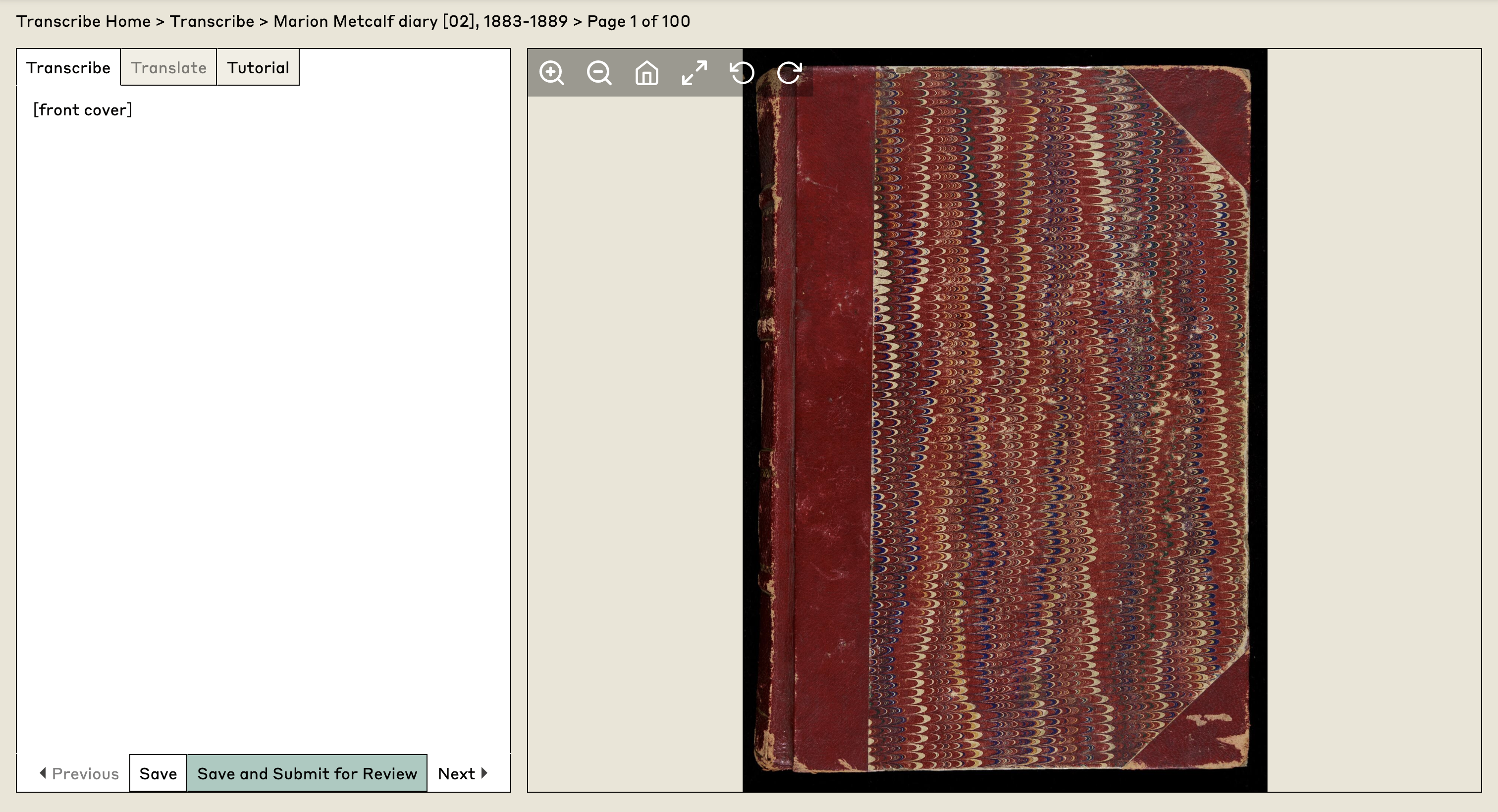 screenshot of Marion Metcalf diary transcribe page