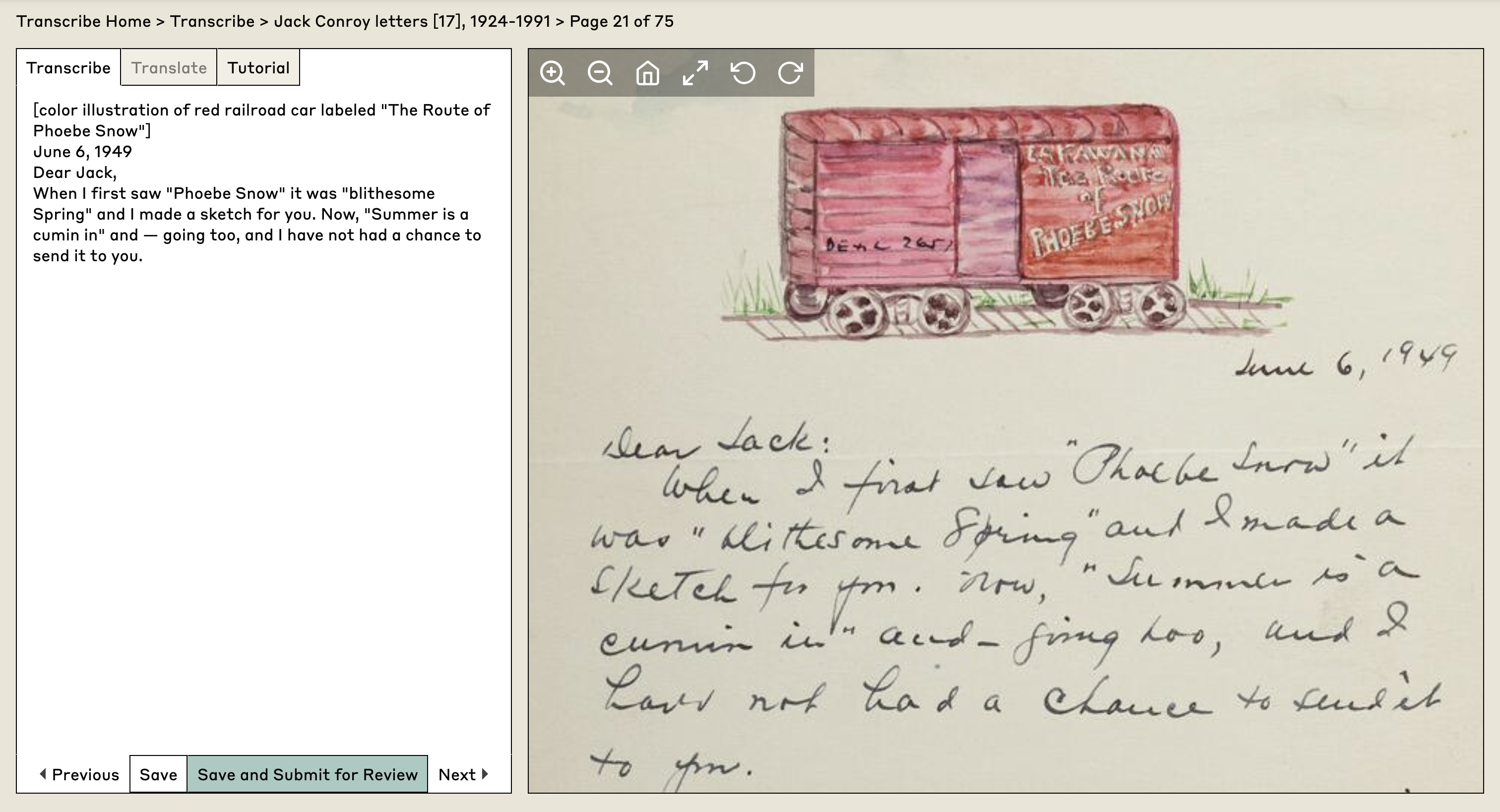 screenshot of Jack Conroy letters transcribe page
