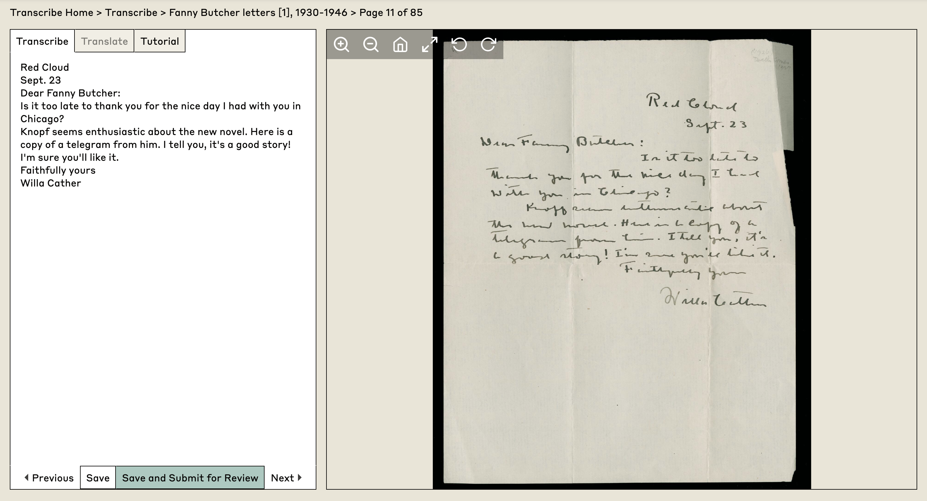 screenshot of Fanny Butcher letters transcribe page