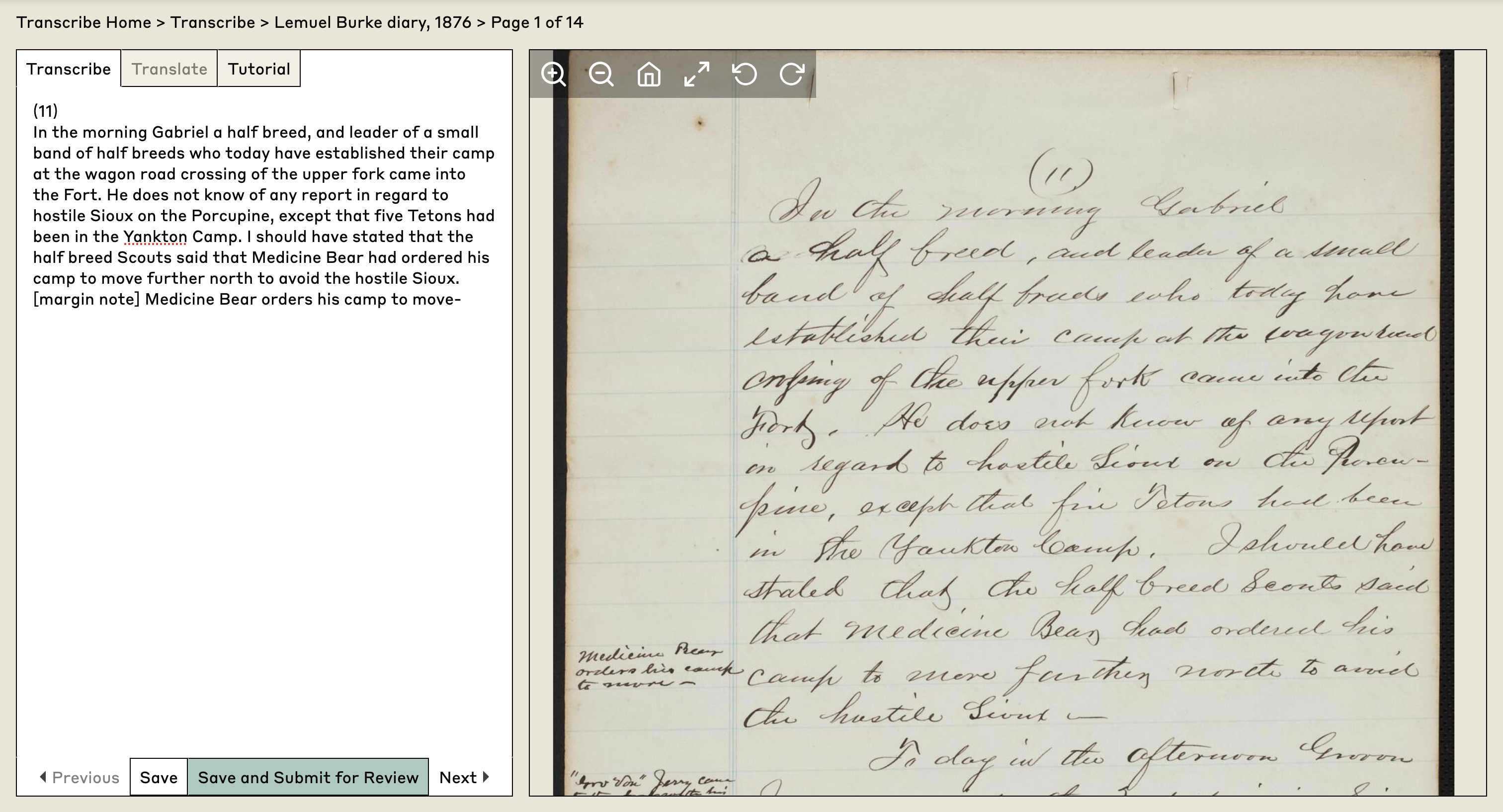 screenshot of transcribe page